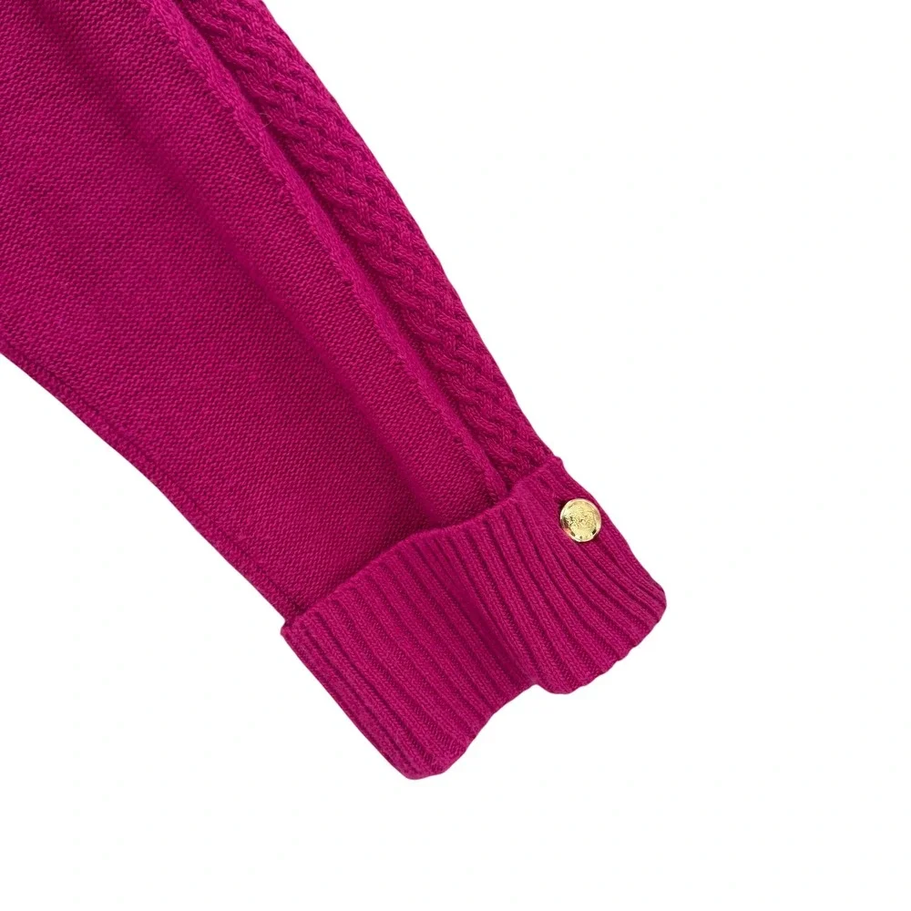 Talbots Womens XL Magenta Cable Knit Mock Neck Sweater Gold Button Cuffs